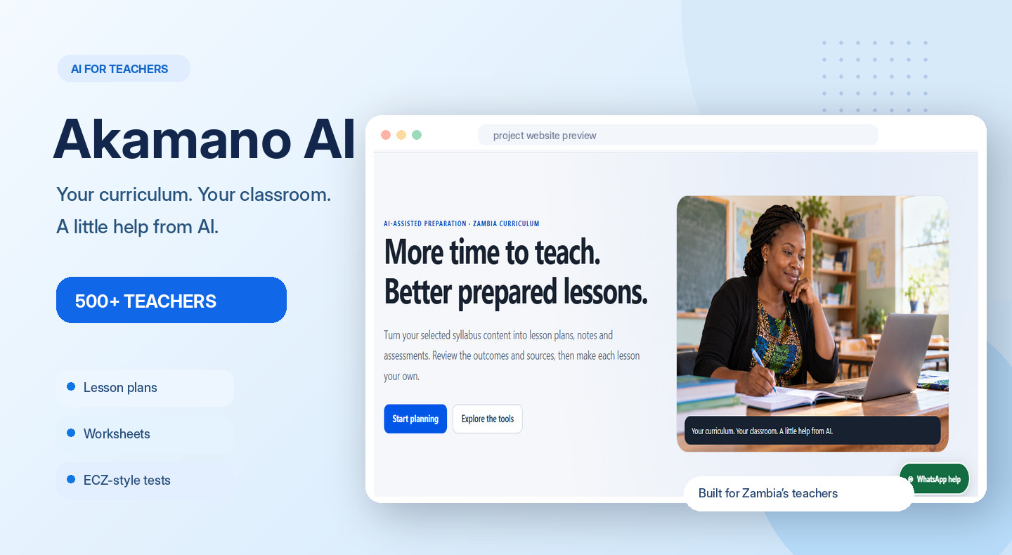 Akamano AI promotional showcase with the actual website and teacher planning lessons