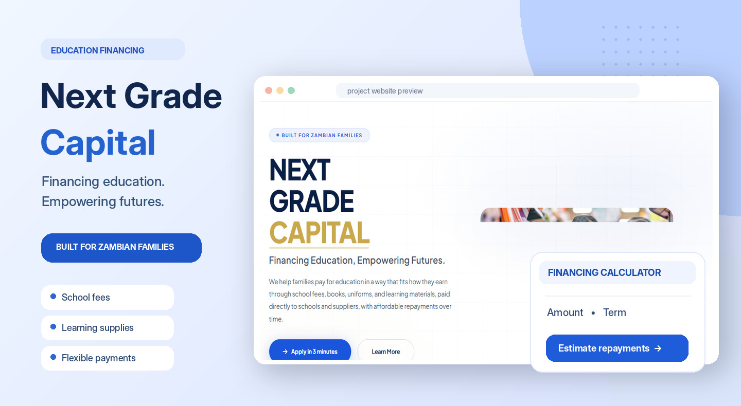 Next Grade Capital education financing website shown in a polished presentation